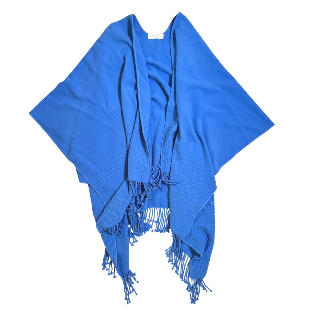 Mer Sea Wrap Shawl OS French Blue Fringe Open Front Textured Knit Travel Poncho